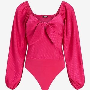 NWT Express Satin Jacquard Pink Long Puff Sleeve Bodysuit Size XS